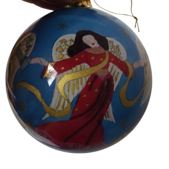 Li BIEN Hand-Painted Glass Ornament Angels Design & Red Velvet Gift Box 4x4 - Picture 10 of 11